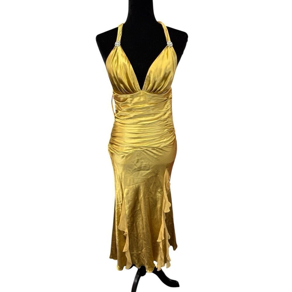 Cache Gold Silk Satin Halter Dress Size 2 NWT Vintage Glam Ruched Ruffle Gown